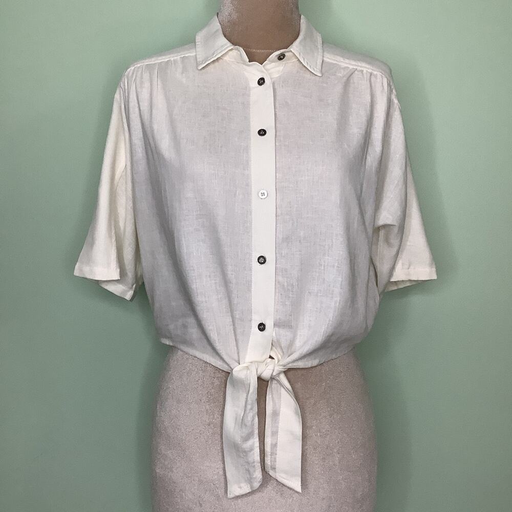 The Native One Cotton Linen Crop Button Up Shirt Tie Knot Dolman Sleeves